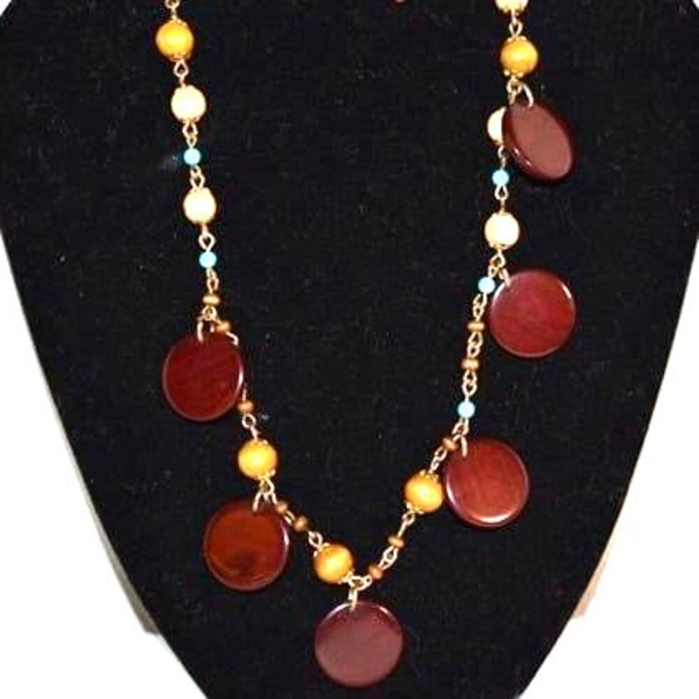 Vintage Lucite Flat Brown Disk Teal/Tan Beads Gold Tone Boho Grunge 22" Necklace